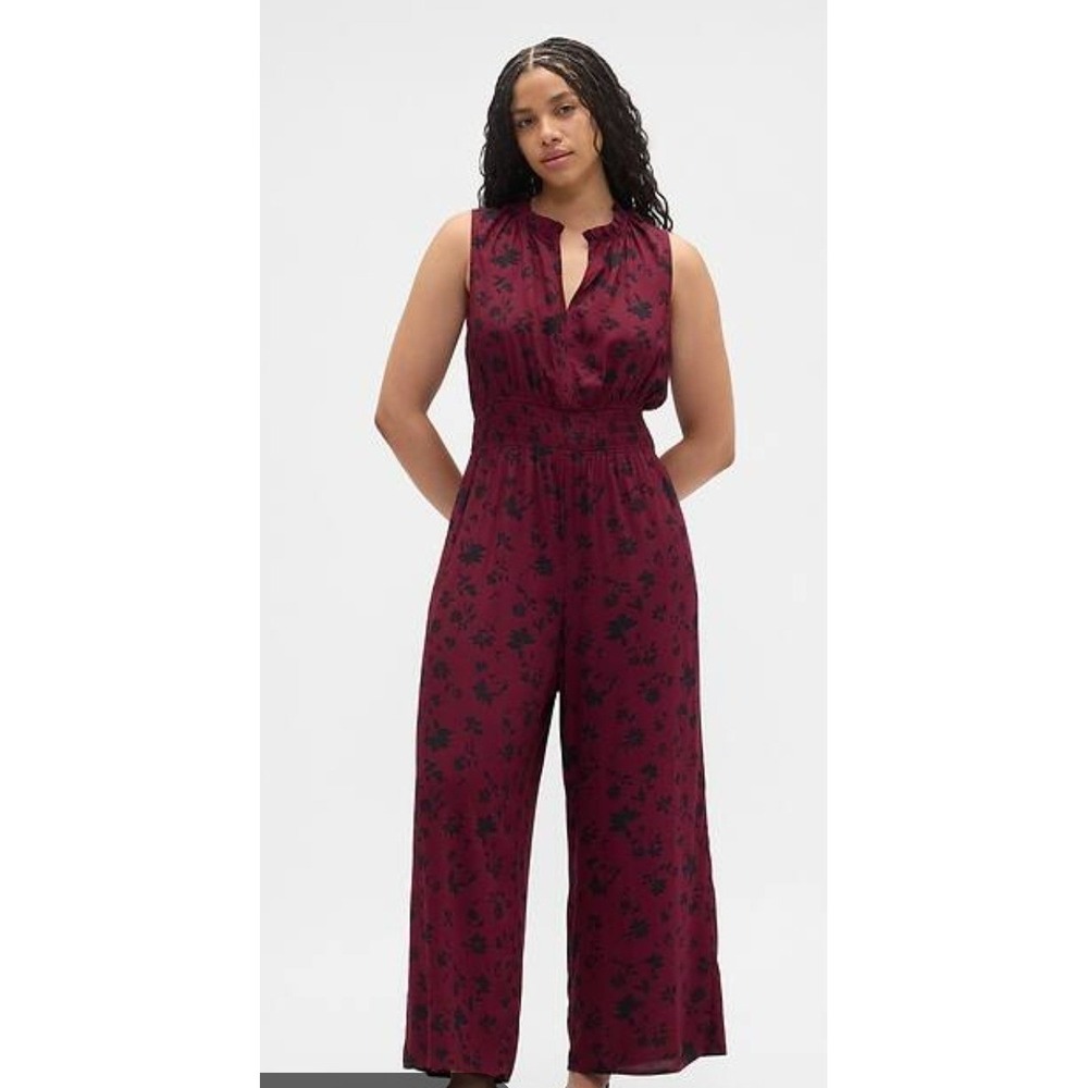 Gap Smocked Wide Leg V Neck Jumpsuit Womens XL Burgundy Floral Rayon Sleeveless